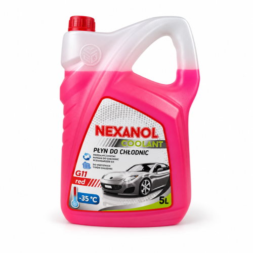 Kanister 5l płynu do chłodnic NEXANOL Coolant Red -35C w czerwonym kolorze, pokazany na białym tle.
