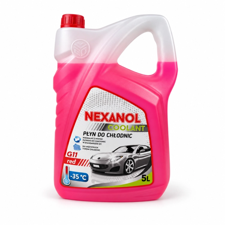 Kanister 5l płynu do chłodnic NEXANOL Coolant Red -35C w czerwonym kolorze, pokazany na białym tle.