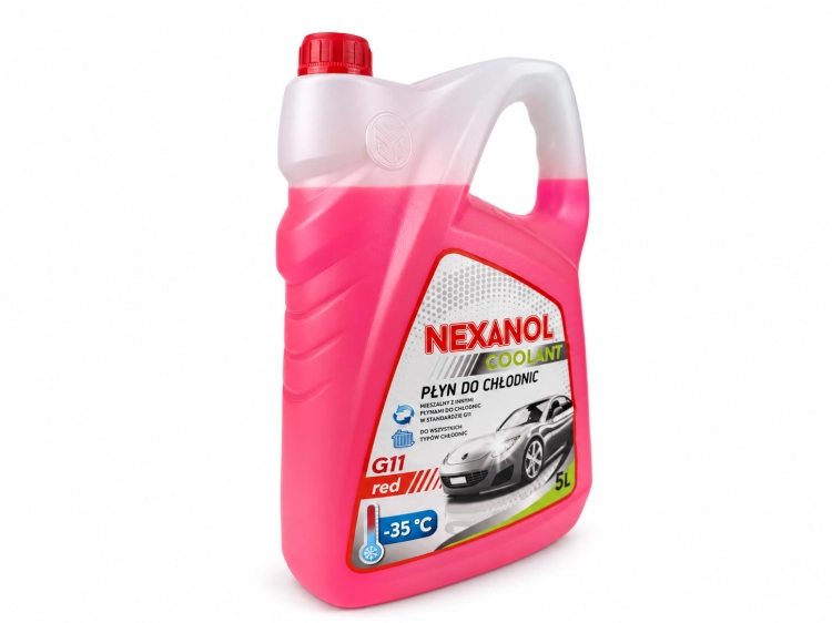 Kanister 5l płynu do chłodnic NEXANOL Coolant Red -35C w czerwonym kolorze, pokazany na białym tle - front.